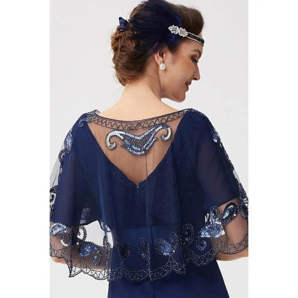 Babeyond 1920s Shawl Wraps Beaded  Evening Cape Bridal Shawl Cover Up (Blue) - Picture 4 of 6